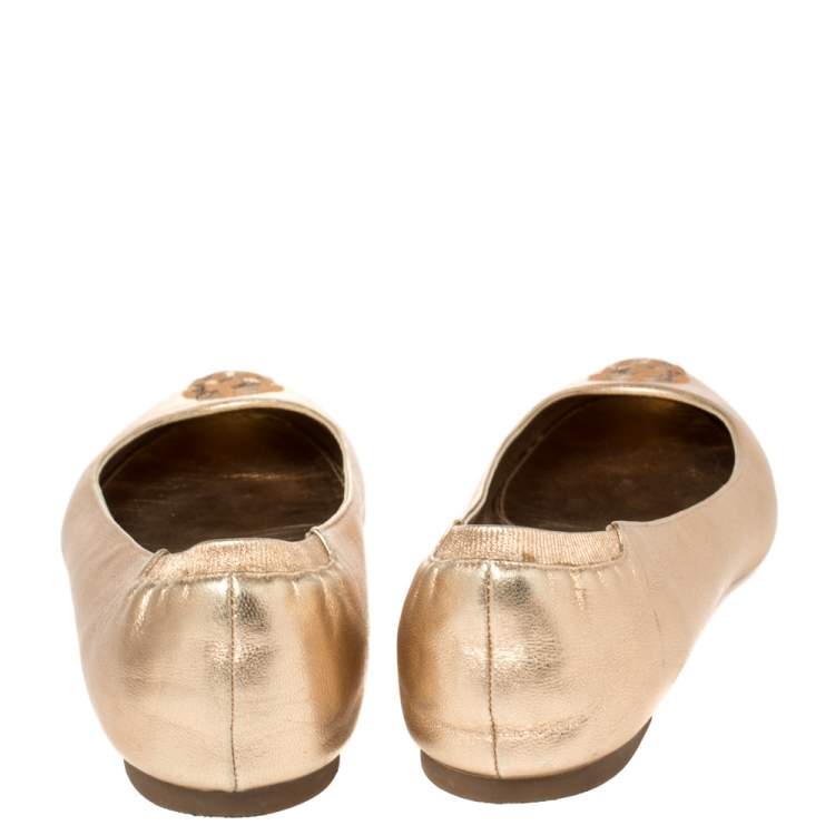Pre Owned Alexander McQueen Gold Leather Sequin Skull Ballet Flats Size 39.5