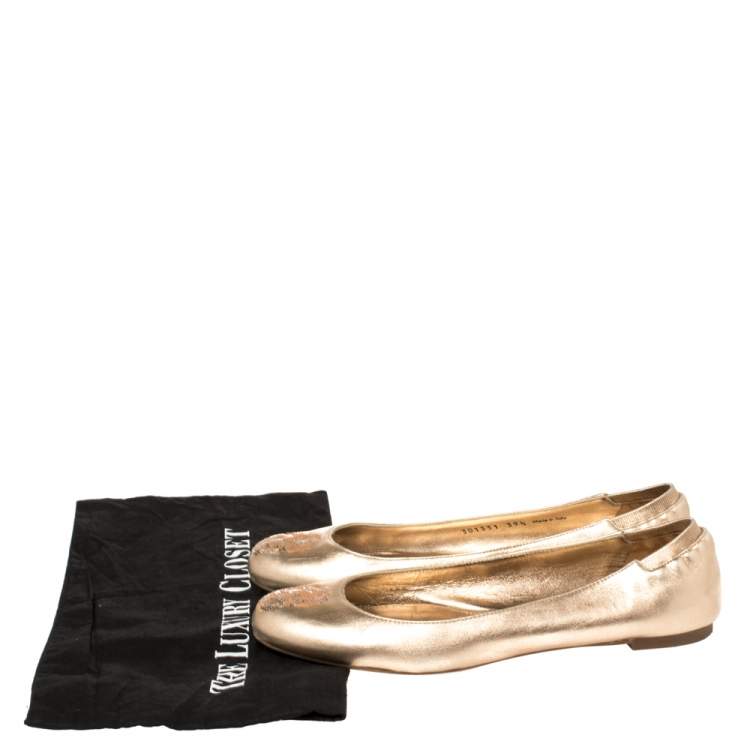 Pre Owned Alexander McQueen Gold Leather Sequin Skull Ballet Flats Size 39.5