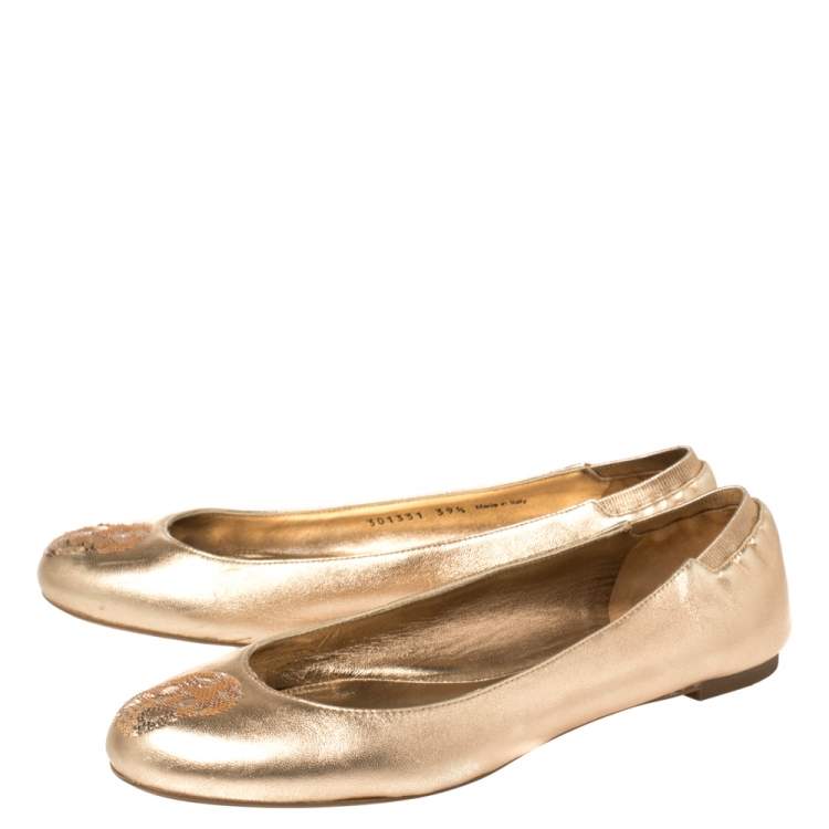 Pre Owned Alexander McQueen Gold Leather Sequin Skull Ballet Flats Size 39.5