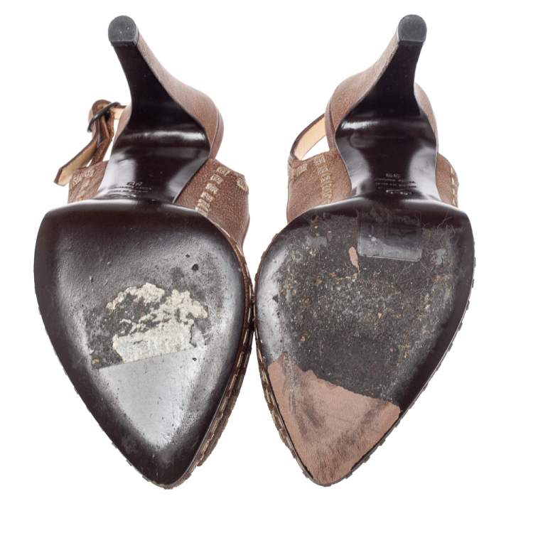 Pre Owned Alexander McQueen Brown Leather Peep Toe Slingback Sandals Size 39