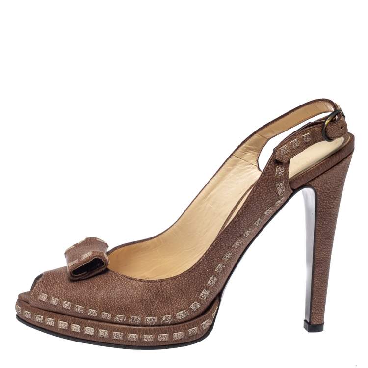 Pre Owned Alexander McQueen Brown Leather Peep Toe Slingback Sandals Size 39