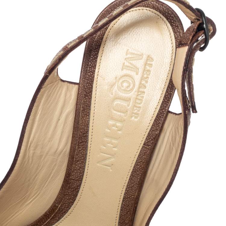Pre Owned Alexander McQueen Brown Leather Peep Toe Slingback Sandals Size 39