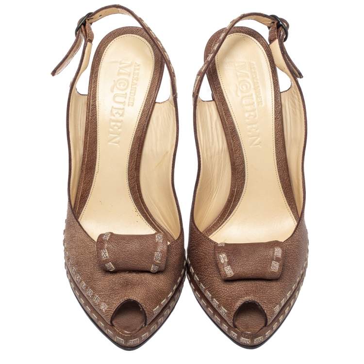 Pre Owned Alexander McQueen Brown Leather Peep Toe Slingback Sandals Size 39
