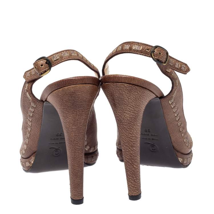 Pre Owned Alexander McQueen Brown Leather Peep Toe Slingback Sandals Size 39