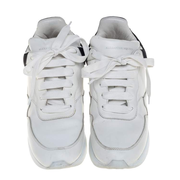 Pre Owned Alexander McQueen White/Black Leather And Suede Oversized Runner Low Top Sneakers Size 38