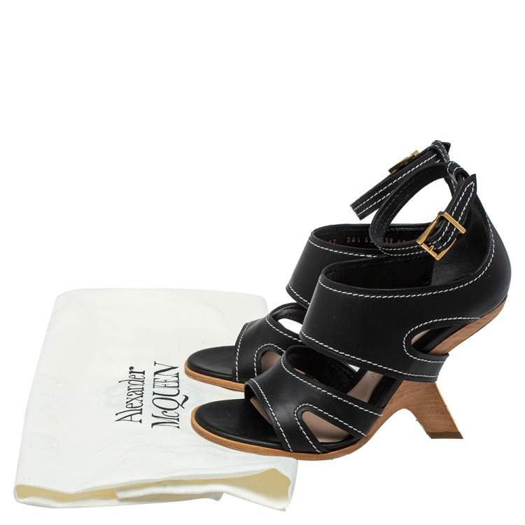 Pre Owned Alexander McQueen Black Leather Topstitched Ankle Strap Sandals Size 40