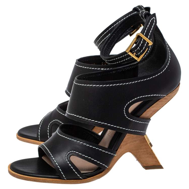 Pre Owned Alexander McQueen Black Leather Topstitched Ankle Strap Sandals Size 40