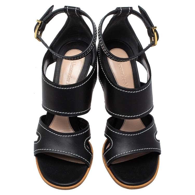 Pre Owned Alexander McQueen Black Leather Topstitched Ankle Strap Sandals Size 40