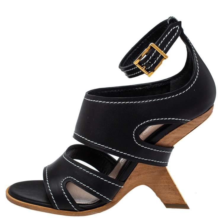 Pre Owned Alexander McQueen Black Leather Topstitched Ankle Strap Sandals Size 40