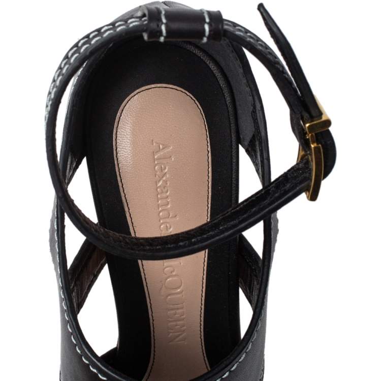 Pre Owned Alexander McQueen Black Leather Topstitched Ankle Strap Sandals Size 40