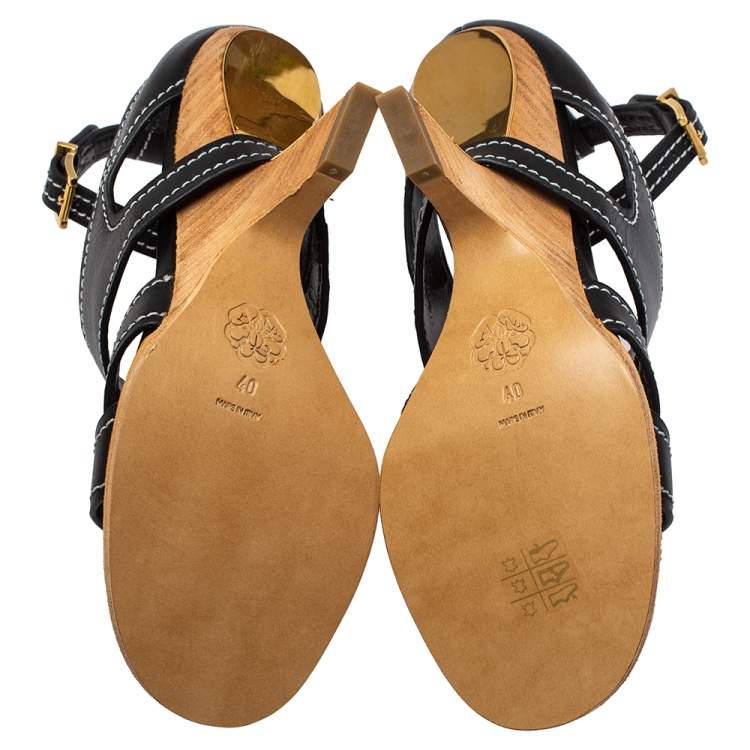Pre Owned Alexander McQueen Black Leather Topstitched Ankle Strap Sandals Size 40