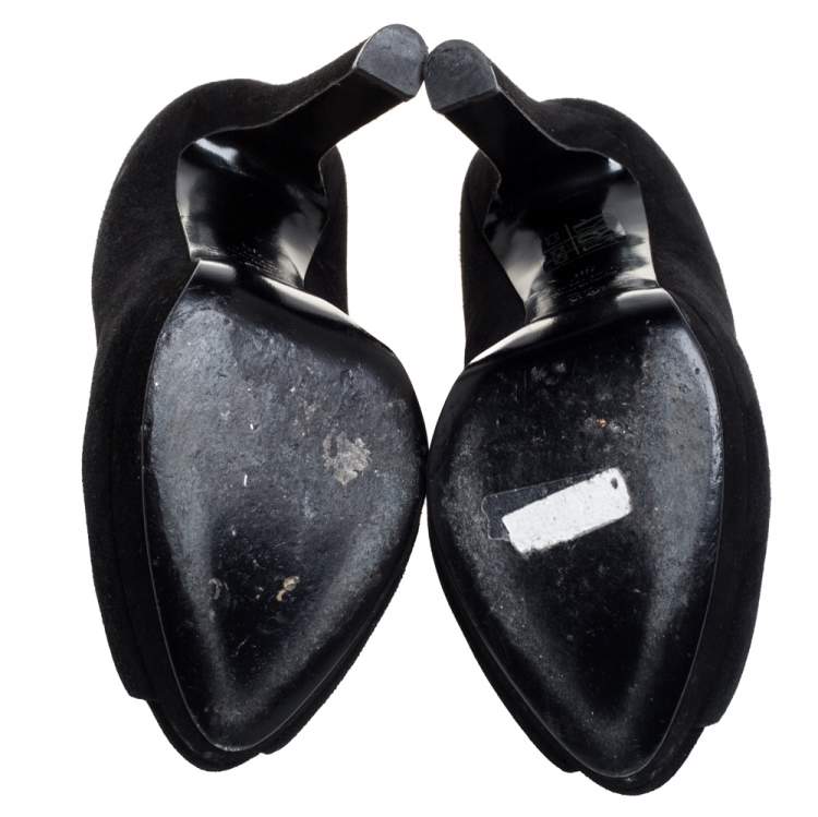 Pre Owned Alexander McQueen Black Suede Crystal Embellished Skull Peep Toe Pumps Size 38