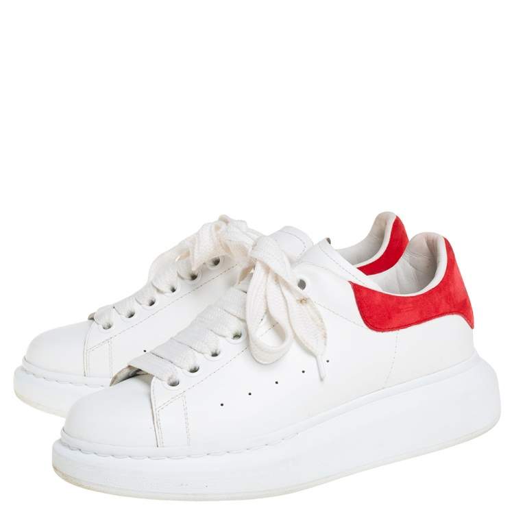 Pre Owned Alexander McQueen White/Red Leather And Suede Oversized Low Top Sneakers Size 36.5