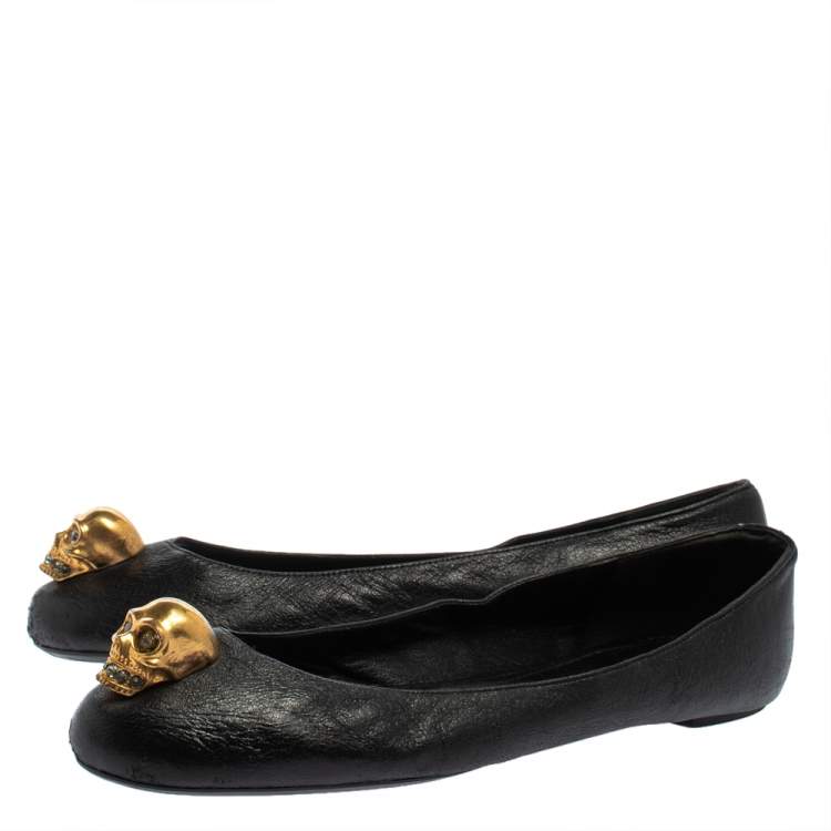 Pre Owned Alexander McQueen Black Leather Skull Ballet Flats Size 39