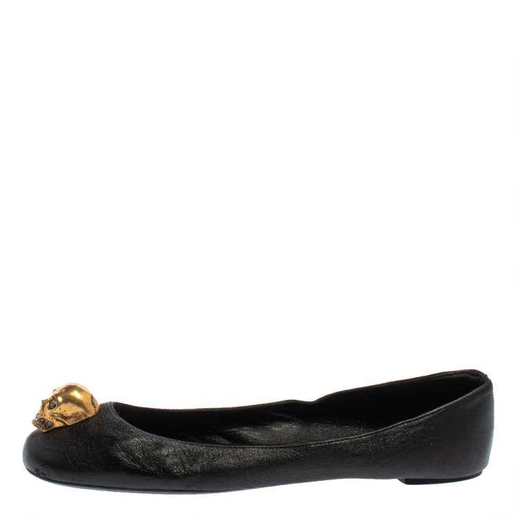 Pre Owned Alexander McQueen Black Leather Skull Ballet Flats Size 39