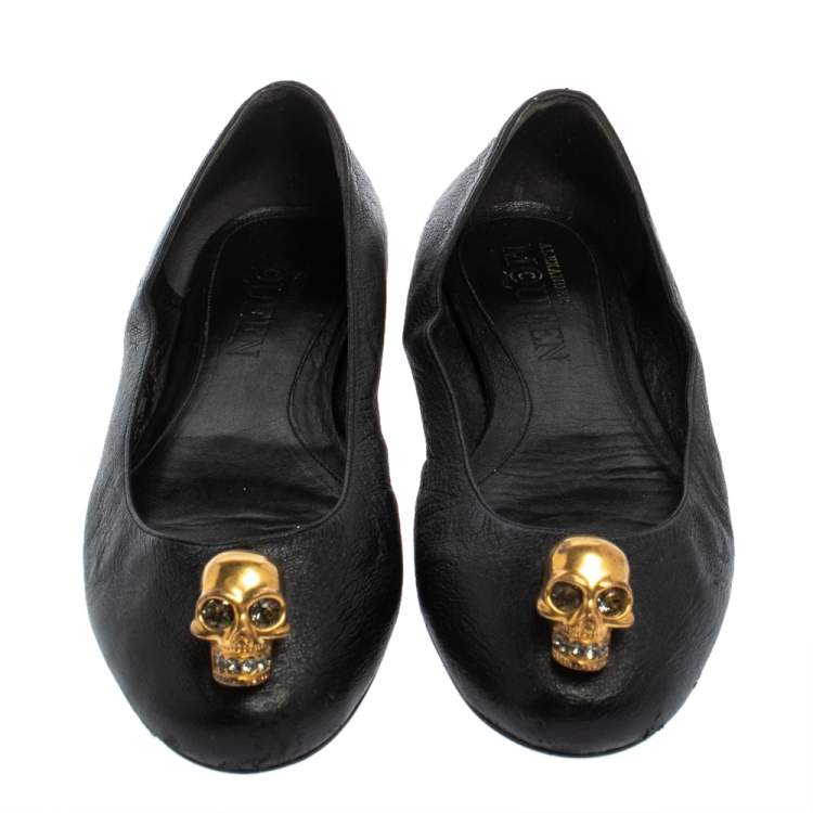 Pre Owned Alexander McQueen Black Leather Skull Ballet Flats Size 39