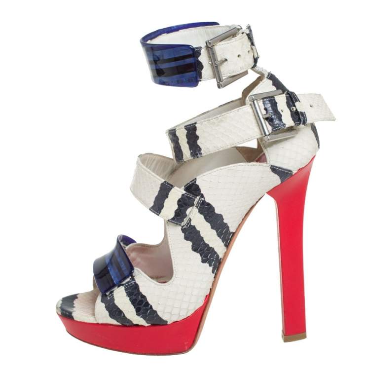 Pre Owned Alexander McQueen Multicolor Python And Leather Platform Ankle Strap Sandals Size 38