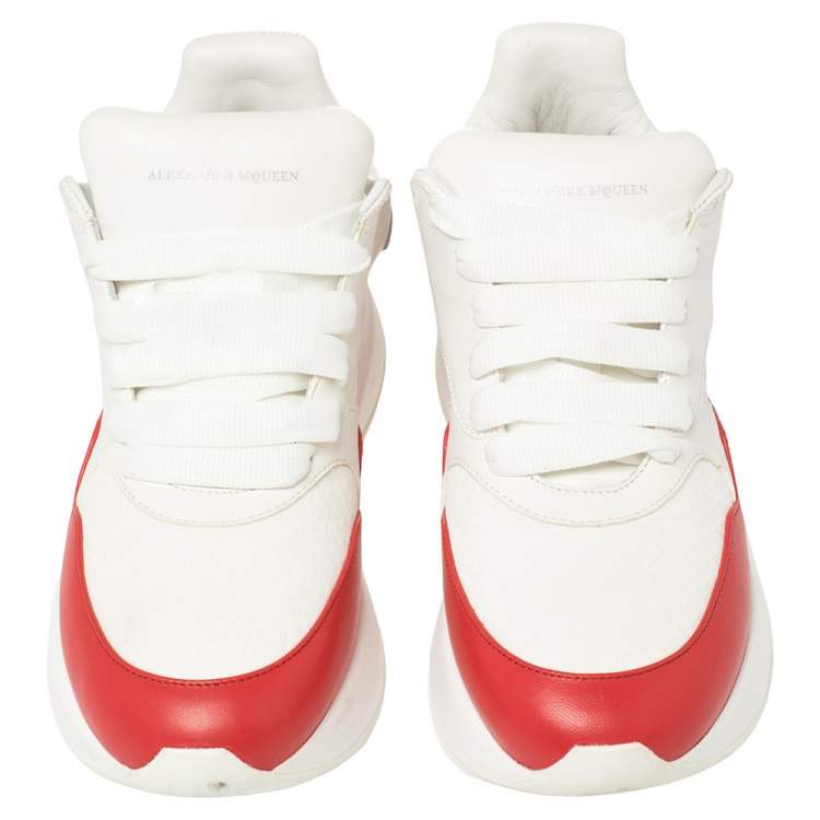 Pre Owned Alexander McQueen White/Red Leather And Mesh New Larry Lace Up Sneakers Size 38.5