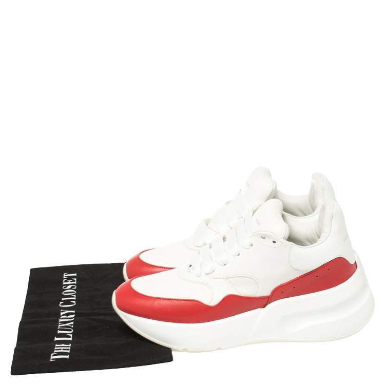 Pre Owned Alexander McQueen White/Red Leather And Mesh New Larry Lace Up Sneakers Size 38.5