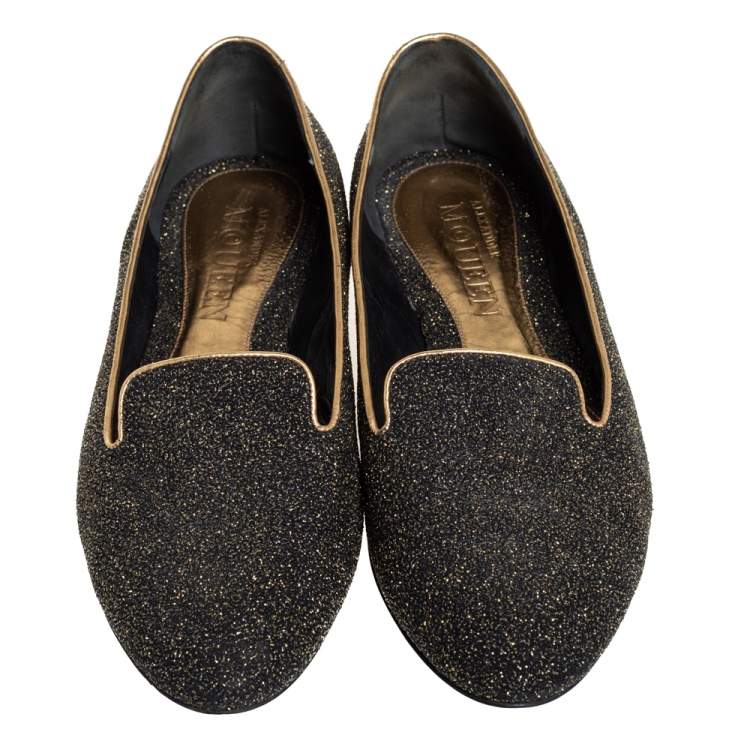 Pre Owned Alexander McQueen Black/Gold Glitter And Leather Smoking Slippers Size 41