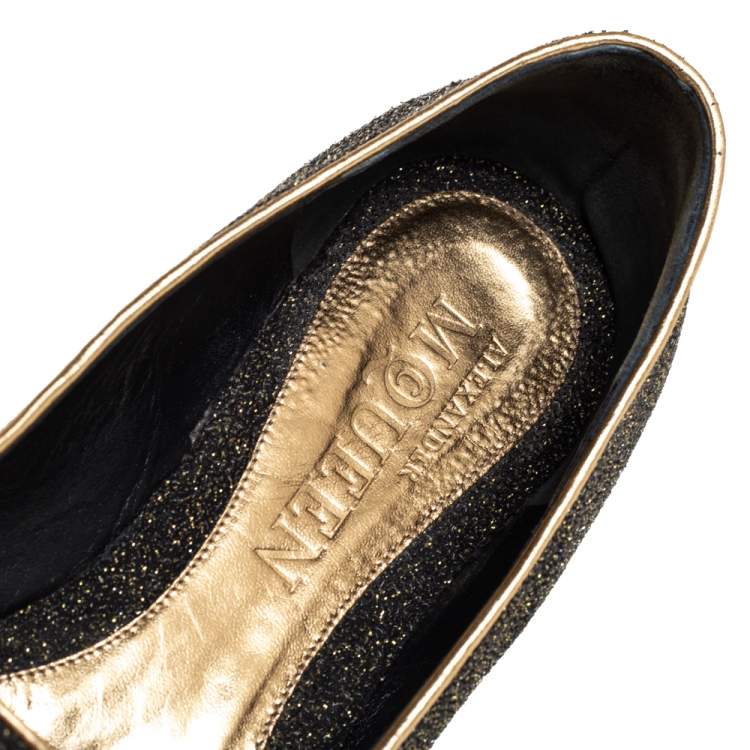 Pre Owned Alexander McQueen Black/Gold Glitter And Leather Smoking Slippers Size 41