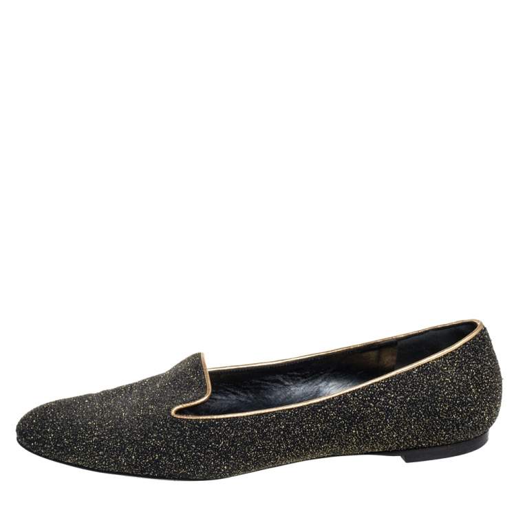 Pre Owned Alexander McQueen Black/Gold Glitter And Leather Smoking Slippers Size 41
