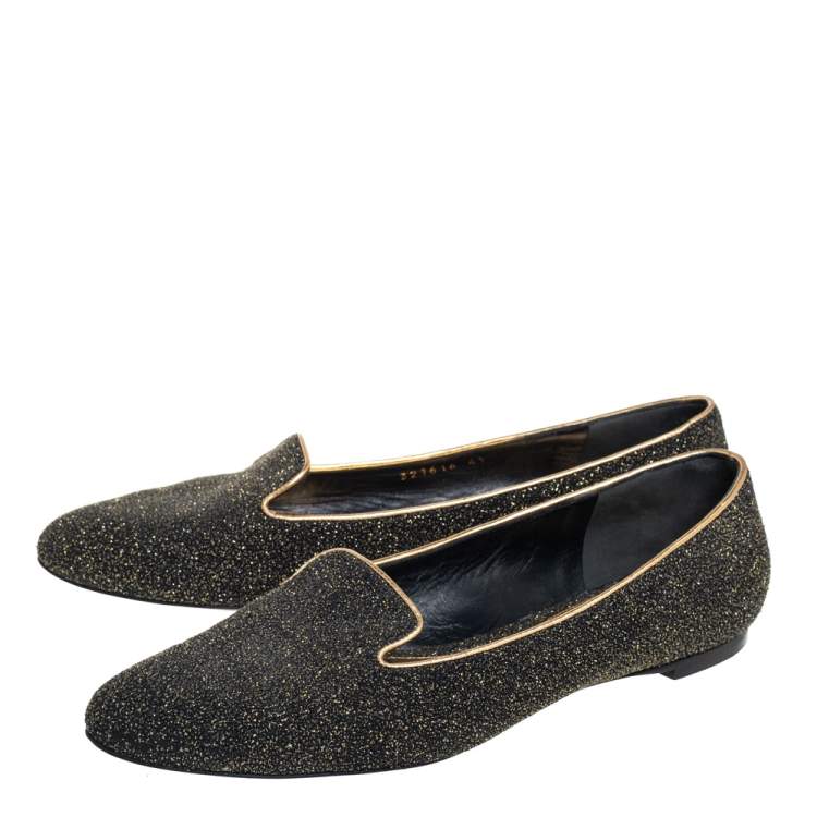 Pre Owned Alexander McQueen Black/Gold Glitter And Leather Smoking Slippers Size 41
