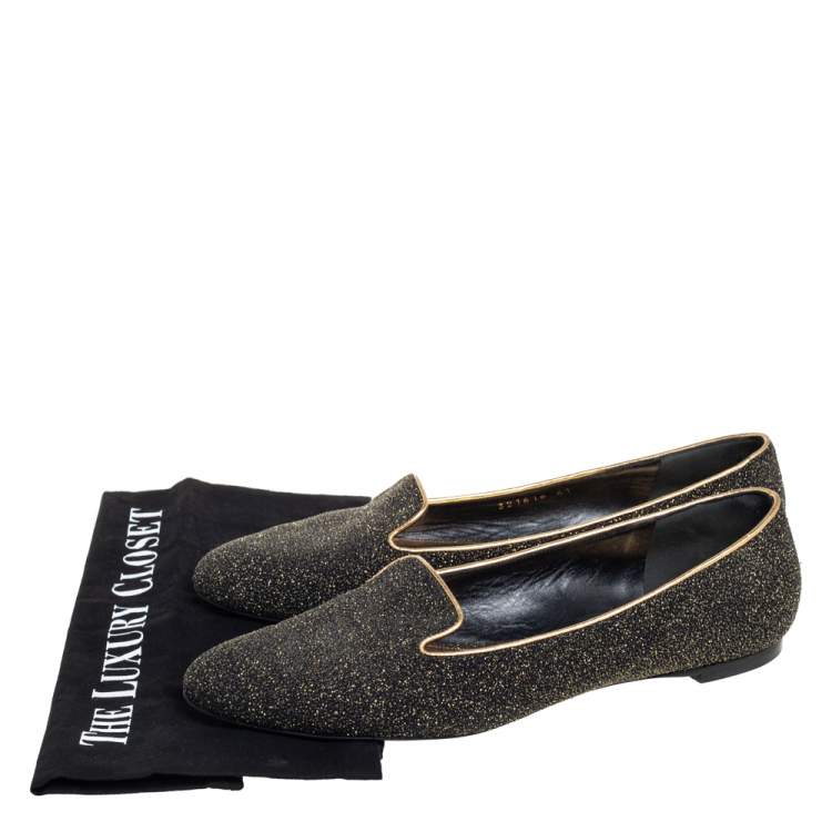 Pre Owned Alexander McQueen Black/Gold Glitter And Leather Smoking Slippers Size 41