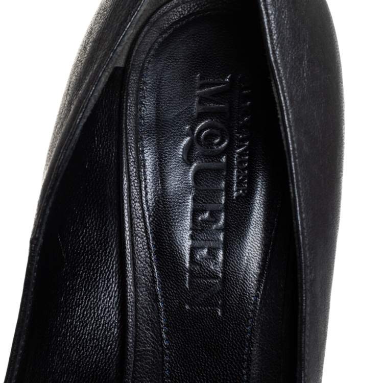 Pre Owned Alexander McQueen Black Leather Crystal Embellished Skull Detail Peep Toe Platform Pumps Size 40