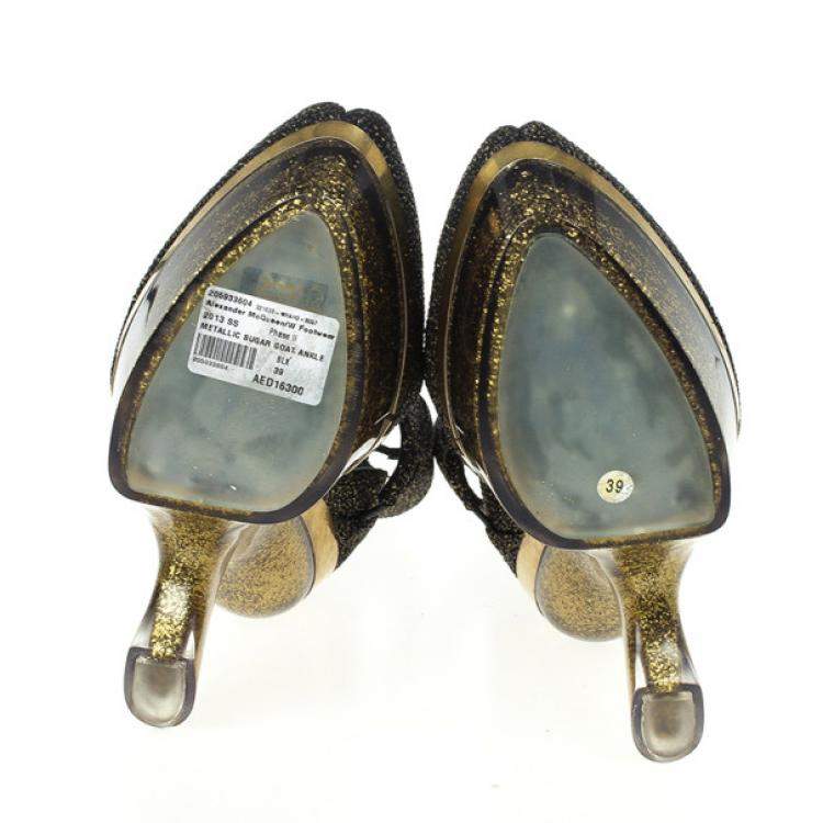 Pre Owned Alexander McQueen Metallic Honeycomb Plexiglass Wedge Booties Size 39
