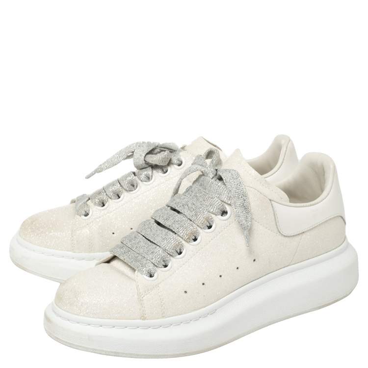 Pre Owned Alexander McQueen Cream White Glitter Runway Sneakers Size 38