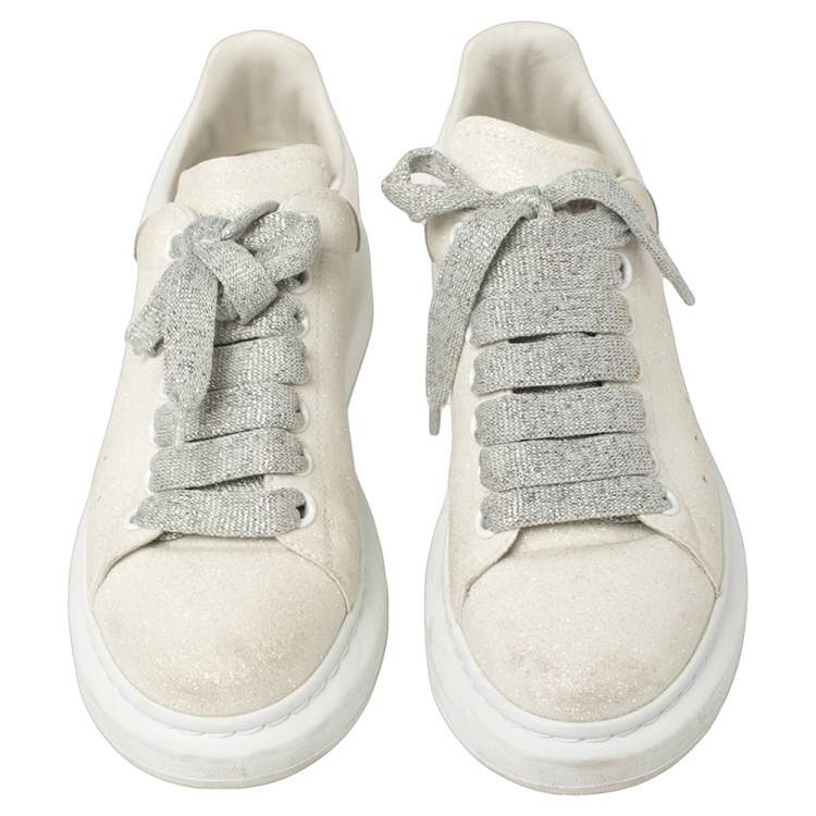 Pre Owned Alexander McQueen Cream White Glitter Runway Sneakers Size 38