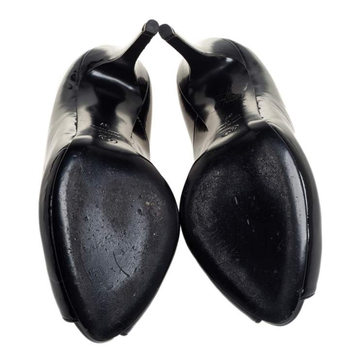 Pre Owned Alexander McQueen Black Patent Leather Crystal Embellished Skull Peep Toe Pumps Size 37