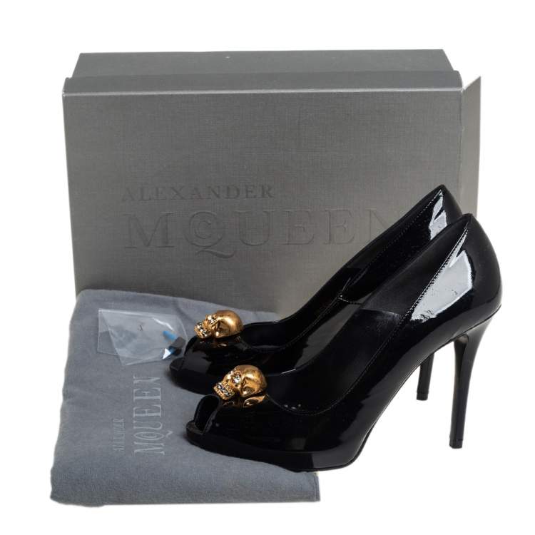 Pre Owned Alexander McQueen Black Patent Leather Crystal Embellished Skull Peep Toe Pumps Size 37