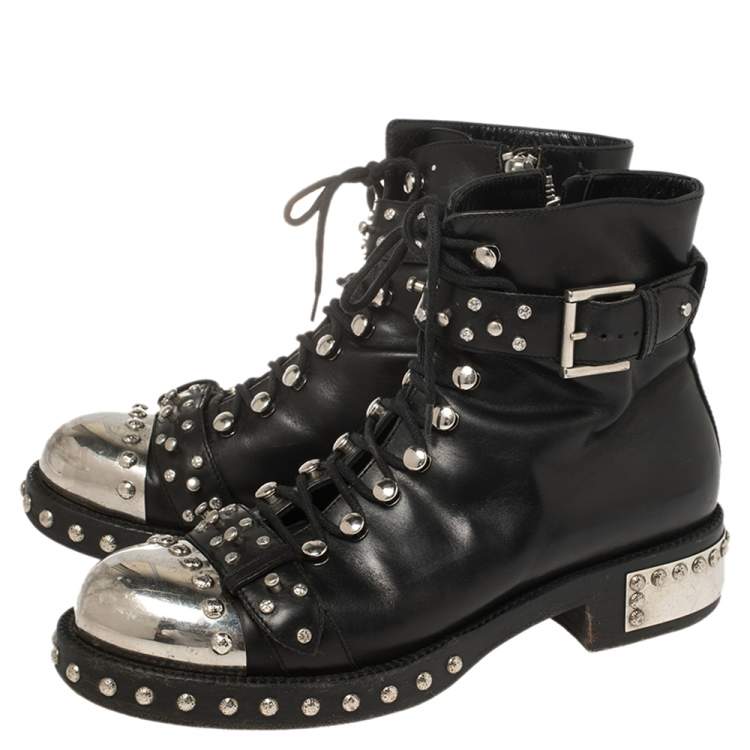 Pre Owned Alexander McQueen Black Leather Cap Toe Studded Ankle Boots Size 39