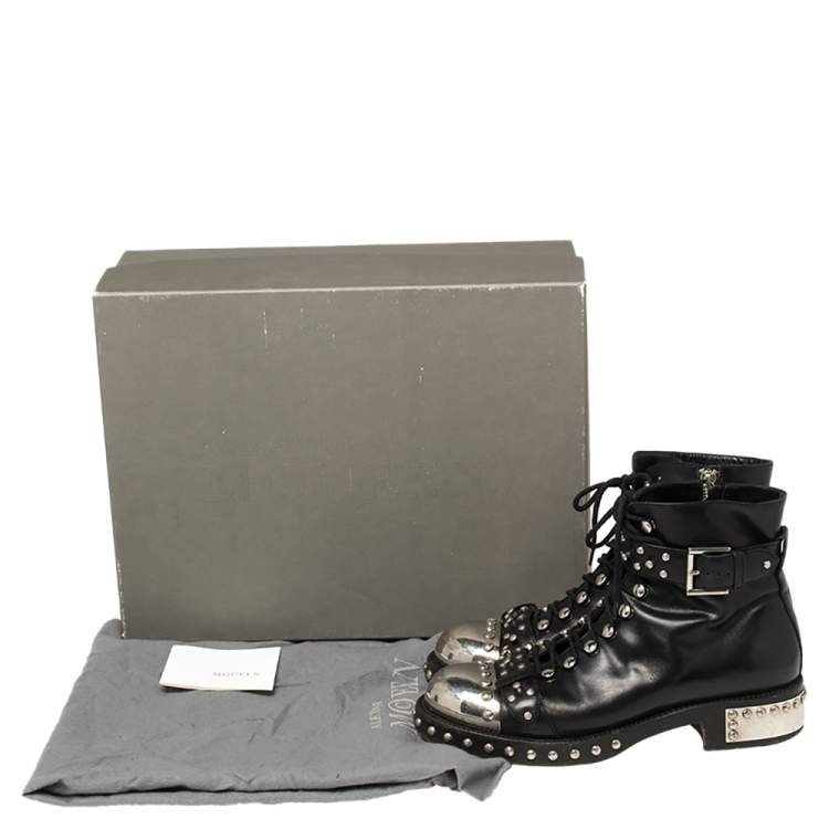 Pre Owned Alexander McQueen Black Leather Cap Toe Studded Ankle Boots Size 39