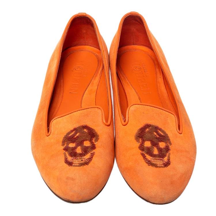 Pre Owned Alexander McQueen Orange Leather And Suede Slip on  Loafers Size 39