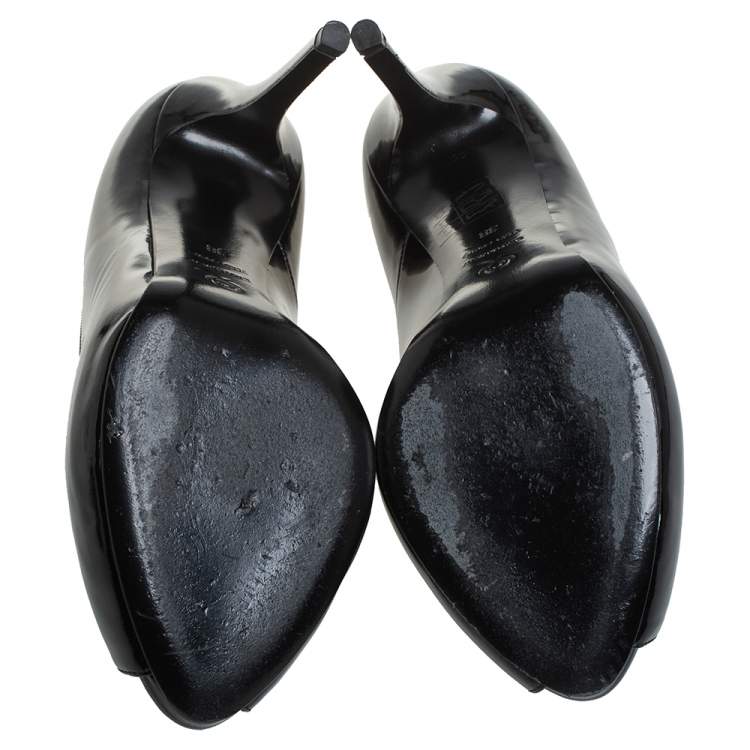 Pre Owned Alexander McQueen Black Patent Leather Crystal Embellished Skull Peep Toe Pumps Size 38