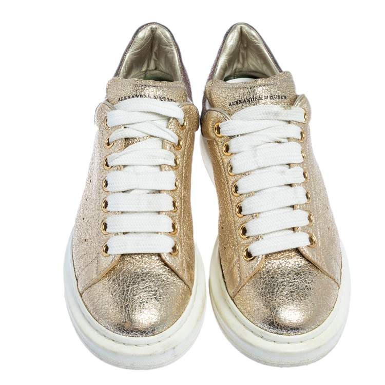 Pre Owned Alexander McQueen Gold Foil Leather Oversized Low Top Sneakers Size 41
