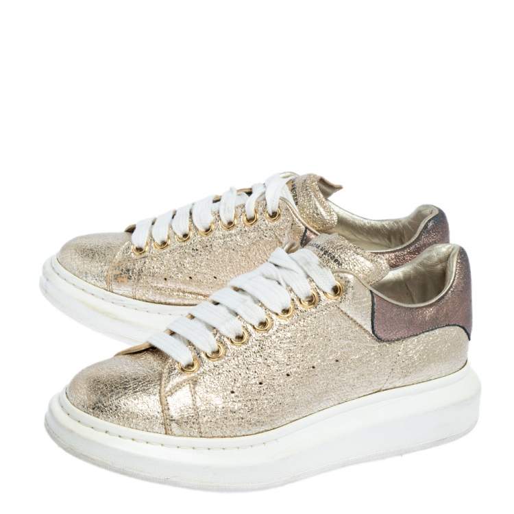 Pre Owned Alexander McQueen Gold Foil Leather Oversized Low Top Sneakers Size 41