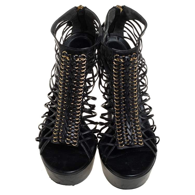 Pre Owned Alexander McQueen Black Leather Strappy Platform Sandals Size 39.5