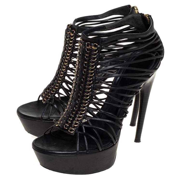 Pre Owned Alexander McQueen Black Leather Strappy Platform Sandals Size 39.5