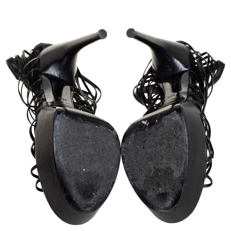 Pre Owned Alexander McQueen Black Leather Strappy Platform Sandals Size 39.5