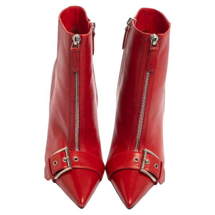 Pre Owned Alexander McQueen Red Leather Ankle Length Boots Size 41