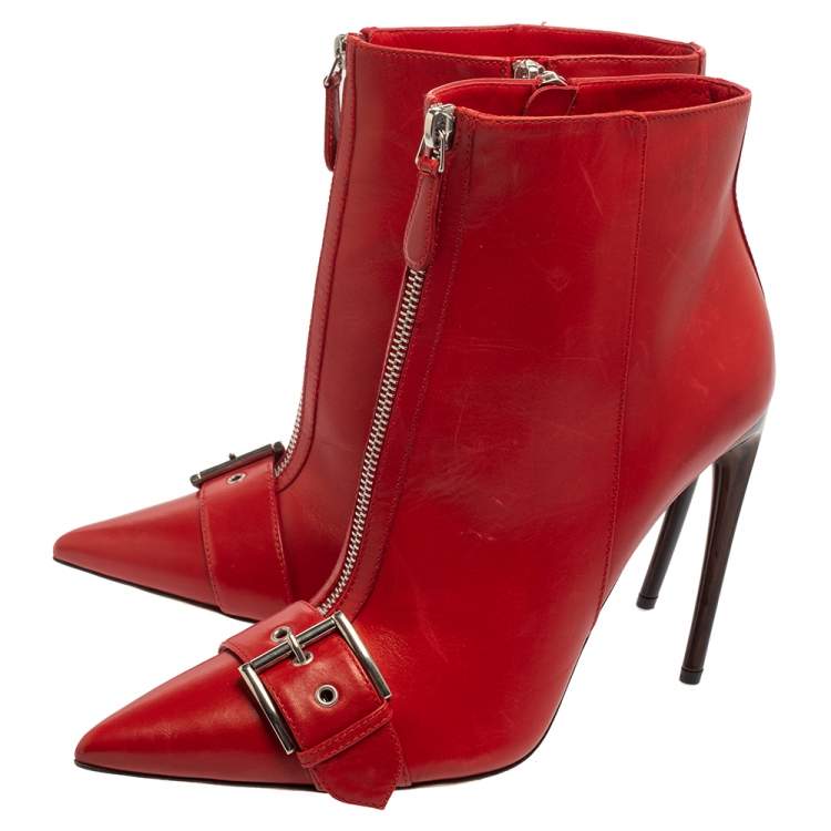 Pre Owned Alexander McQueen Red Leather Ankle Length Boots Size 41
