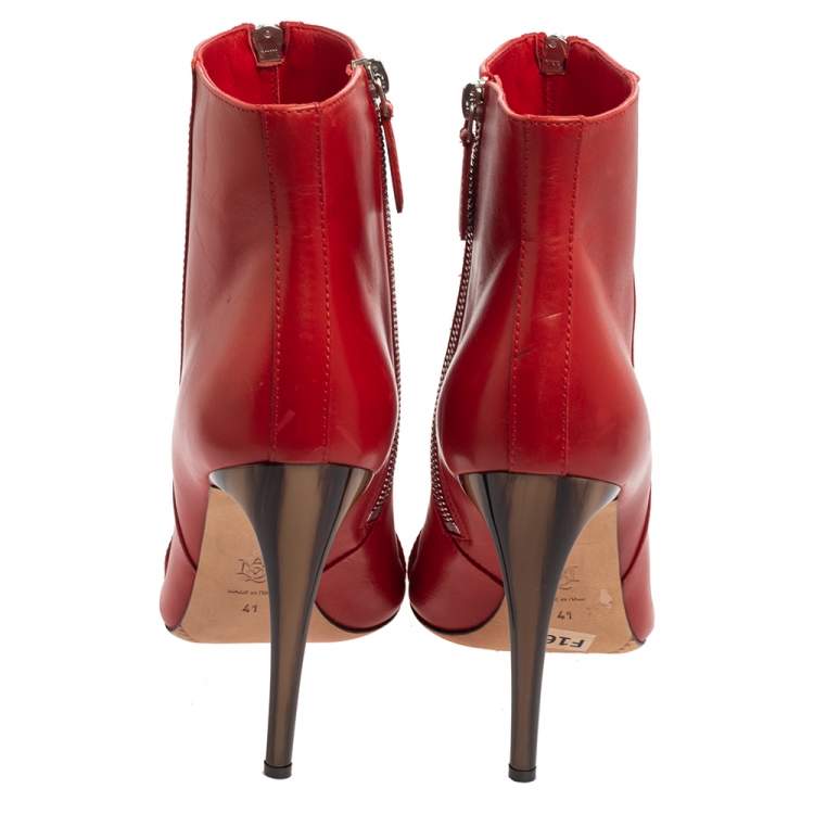 Pre Owned Alexander McQueen Red Leather Ankle Length Boots Size 41