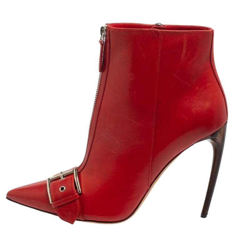 Pre Owned Alexander McQueen Red Leather Ankle Length Boots Size 41