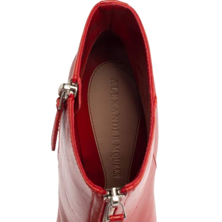 Pre Owned Alexander McQueen Red Leather Ankle Length Boots Size 41
