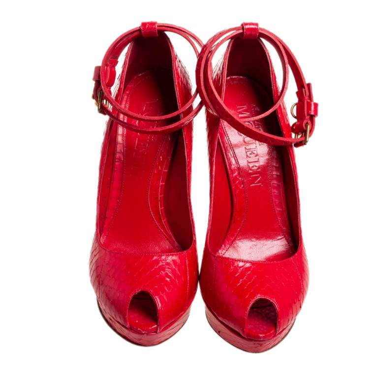 Pre Owned Alexander McQueen Red Python Peep Toe Ankle Strap Platform Sandals Size 36