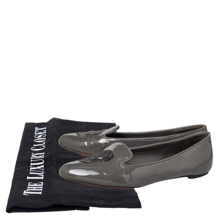 Pre Owned Alexander McQueen Grey Patent Leather Sequin Skull Smoking Slippers Size 39
